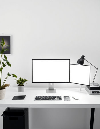 Workplace with computer, keyboard, mouse and plant on white table