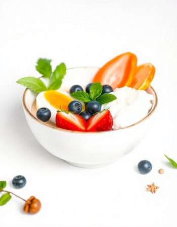 Greek yoghurt with fresh berries and mint on a white backgroundの写真素材