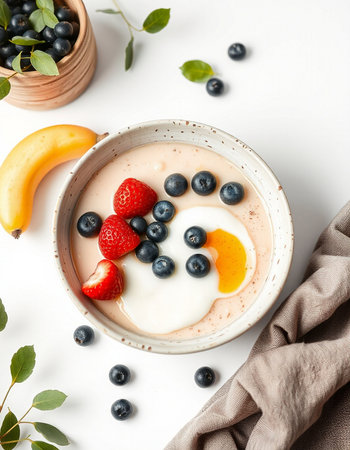 Yogurt with fresh berries in bowl on white background, top viewの写真素材