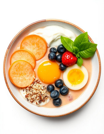 Healthy breakfast with berries and eggs on white background