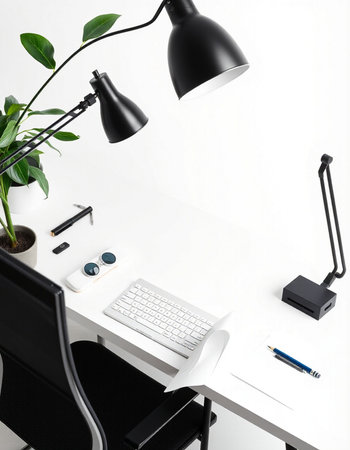 Modern workplace with computer, lamp and other items on white table. Mock up