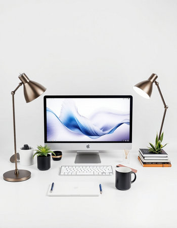 Modern workspace with computer, supplies and coffee cup. 3d rendering.の写真素材