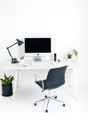 Modern workplace with computer on white table. Workplace concept. Mock up