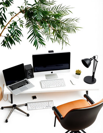 Modern workplace with computer, keyboard, mouse, chair and plant on white background