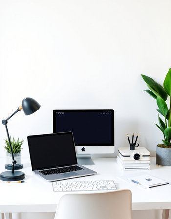 Modern workspace with blank screen computer, laptop and office supplies. Mock up