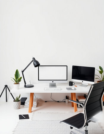 Modern working space with computer, lamp and plants. Workplace conceptの写真素材
