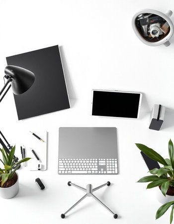 Modern white office desk with laptop, coffee cup and other items. Flat lay, top view