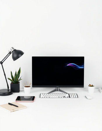Modern workspace with computer monitor, stationery, coffee cup and plant. Mock up