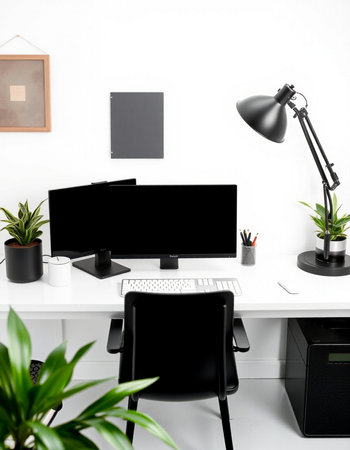 Office workplace with computer, black chair, lamp and other items.の写真素材