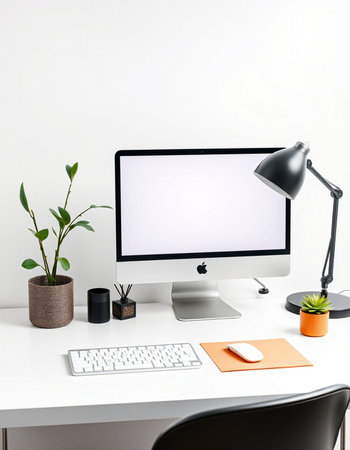 Modern workplace with computer, keyboard, mouse, lamp and plants.
