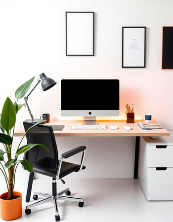 Modern workplace with computer, stationery and plants in modern office interior