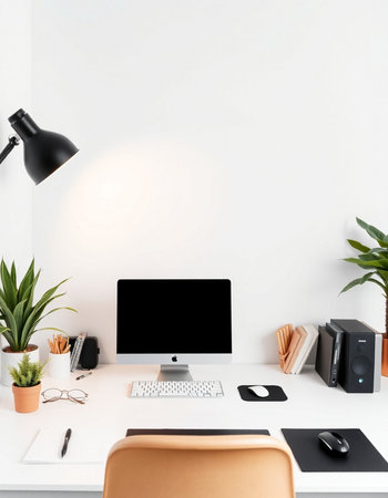Front view of modern workplace with blank computer screen, stationery and other items on white wall...