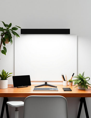 Front view of modern workspace with blank white poster on the wall. Mock up, 3D Rendering