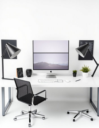 3D Rendering : illustration of modern creative designer desktop with blank screen computer monitor,...