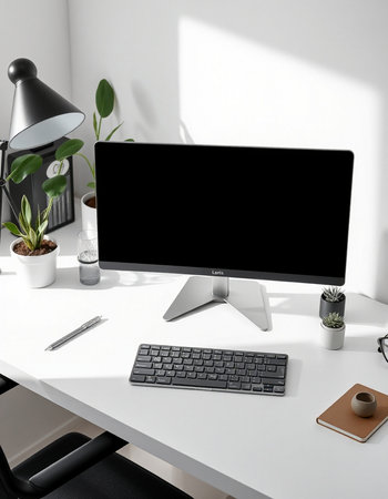 Front view of modern designer desktop with blank black computer screen, keyboard, coffee cup,...