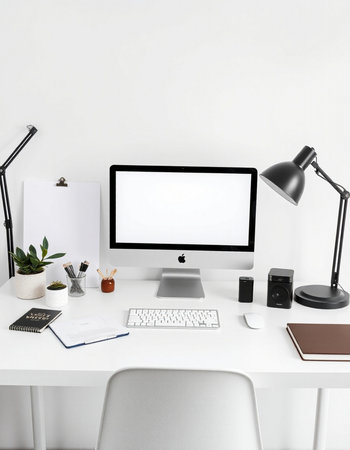 Modern workspace with computer, stationery and decorations. Mock up, 3D Rendering
