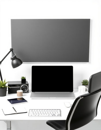 Modern workplace with blank screen on white wall. Mock up, 3D Rendering