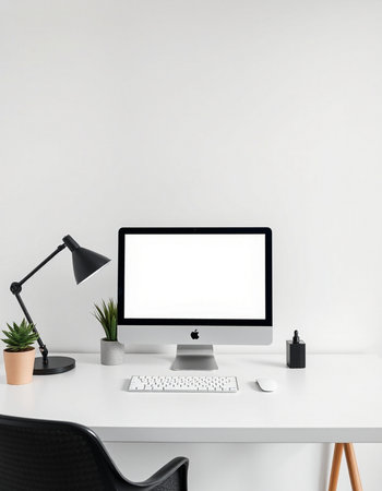 Workplace with blank screen computer, keyboard, mouse, lamp and plant on white table. Mock up