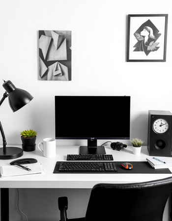 workplace with computer, lamp and other objects on white wall backgroundの写真素材
