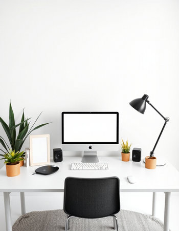 Workplace with blank screen computer, lamp, coffee cup and decorations. Mock up, 3D Rendering
