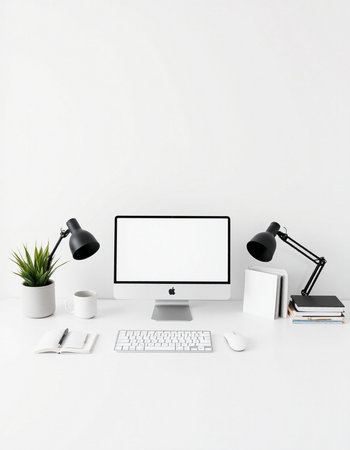 Modern workspace with computer, supplies and coffee cup on white background.