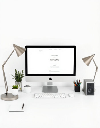 3d rendering of modern workspace with blank screen computer. Mock upの写真素材