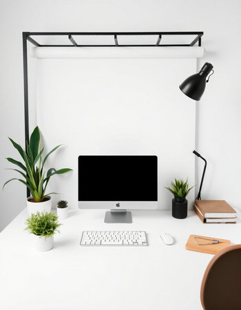 Workplace with modern computer on white table. 3d rendering.の写真素材