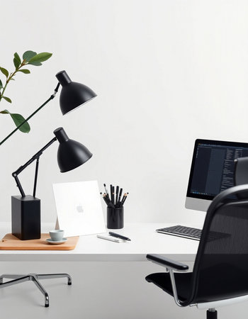 workplace with computer, lamp and stationery, 3d render