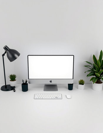 Computer with blank screen on a white wall.