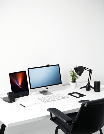 Modern workspace with computer, tablet and laptop. 3d rendering.
