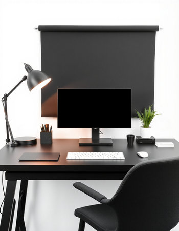 Modern workplace with computer, lamp and other objects on white background. 3d render