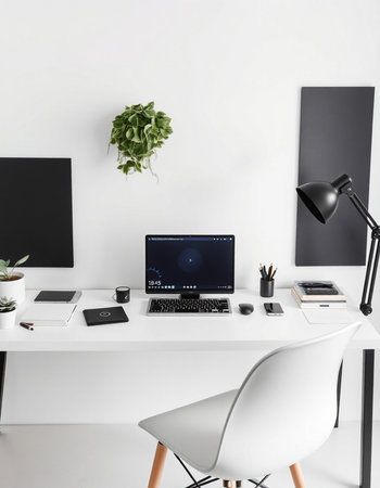 Workplace with laptop, coffee cup and other items in modern office