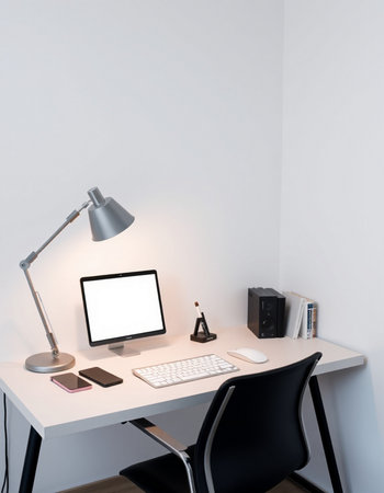 Modern workspace with blank screen computer, keyboard, mouse, lamp and other objects. Mock up, 3D...