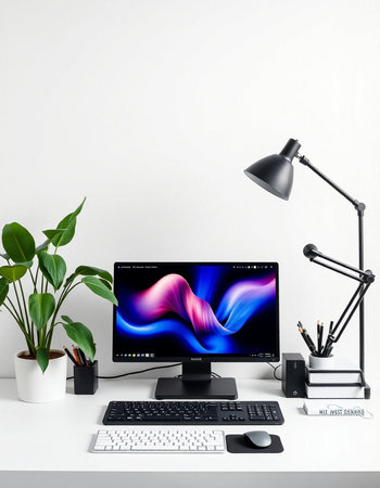 Modern designer workspace with computer, keyboard, mouse, coffee cup, stationery and houseplant.