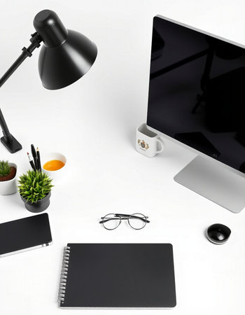 Modern white office desk with computer, supplies and coffee cup. 3D Rendering