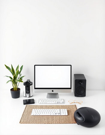 Modern workspace with computer, mouse, keyboard, coffee cup and plant on white background
