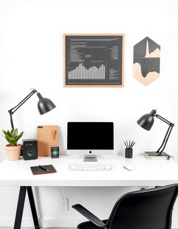 Modern workplace with computer, stationery and other items on white table