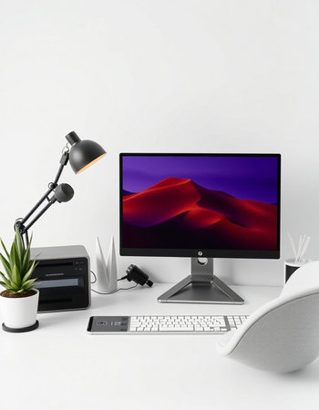 3D illustration PC screen on table in office, work from home concept
