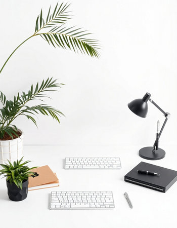 Modern workspace with keyboard, mouse, notebook and plant on white background