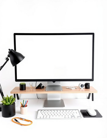Modern workspace with blank screen computer monitor, keyboard, mouse, stationery and coffee cup on...