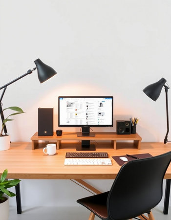 workplace with computer, lamp and coffee cup in modern office interior
