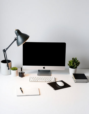 Desktop with blank computer screen, keyboard, stationery and coffee cup
