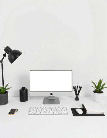 Modern workspace with blank computer screen. Mock up, 3D Rendering