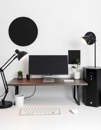 Workplace with computer, keyboard, mouse, lamp and plant. 3D rendering
