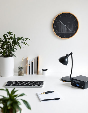 workplace with computer, stationery, lamp and plant on table