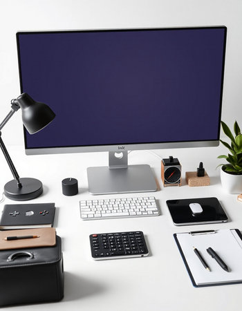Modern workplace with computer and other office supplies on white background. Mock up