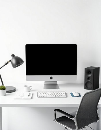Minimal workspace with computer, keyboard and mouse.