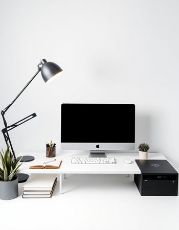 Modern workspace with computer, stationery and lamp on white wall background