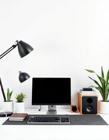 Workplace with computer, lamp, speakers and plants. Mock up, 3D Rendering