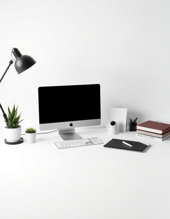 3D illustration computer screen on table in office, Workspace mockup